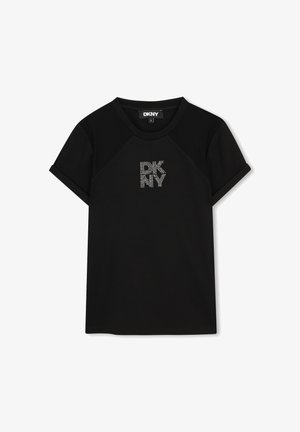 Czarny T-shirt z krótkim rękawem i okrągłym dekoltem, z logo "DKNY" z kryształków na przodzie oraz raglanowymi rękawami zapewniającymi luźne dopasowanie.