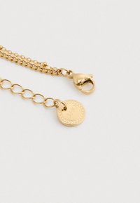Zlatý náhrdelník s klipsom a nastaviteľnými očkami, so zaobleným značkovým príveskom na svetlom pozadí.