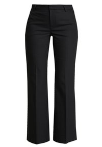 Svarta skräddarsydda byxor med rak ben design, tillverkade av ett slätt tyg med en subtil glans, med platt front och bälteöglor.