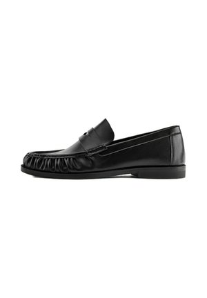 Black leather loafer with ruched detailing around the toe, low heel, and classic penny strap, shown in a side profile on a white background.