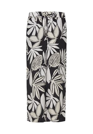 Zwart-witte gestreepte broek met een losse fit, voorzien van gedurfde bladerenpatronen, een elastische tailleband en een gestructureerde stof.