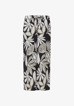 Zwart-witte gestreepte broek met een losse fit, voorzien van gedurfde bladerenpatronen, een elastische tailleband en een gestructureerde stof.