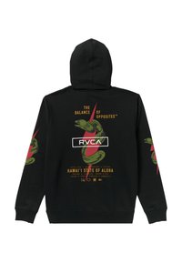 Zwarte hoodie met een groene slangencultuur en een ontwerp van rode bliksem op de achterkant. De tekst leest "DE BALANS VAN TEGENSTELLEN" en het merksymbool.