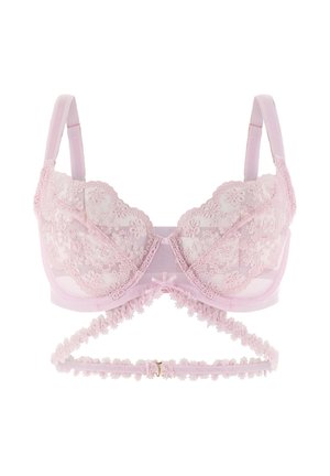 Lichtroze kanten lingeriesetje bh met bloemrijke borduursels, beugelcups, verstelbare schouderbanden en een decoratieve elastische band met een gouden gesp.