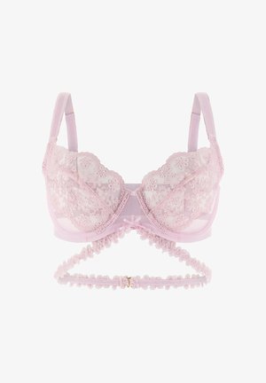 Lichtroze kanten lingeriesetje bh met bloemrijke borduursels, beugelcups, verstelbare schouderbanden en een decoratieve elastische band met een gouden gesp.