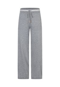 Graue Sweatpants mit weitem Bein aus weichem, strukturiertem Stoff. Verfügen über einen elastischen Bund mit Kordelzug und helle Akzente.