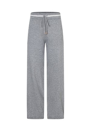 Graue Sweatpants mit weitem Bein aus weichem, strukturiertem Stoff. Verfügen über einen elastischen Bund mit Kordelzug und helle Akzente.