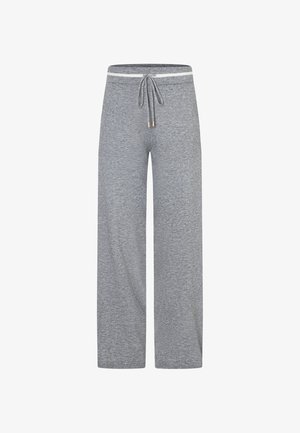Grijze sweatpants met wijd uitlopende pijpen, gemaakt van zachte, gestructureerde stof. Voorzien van een elastische tailleband met trekkoord en lichte accenten.
