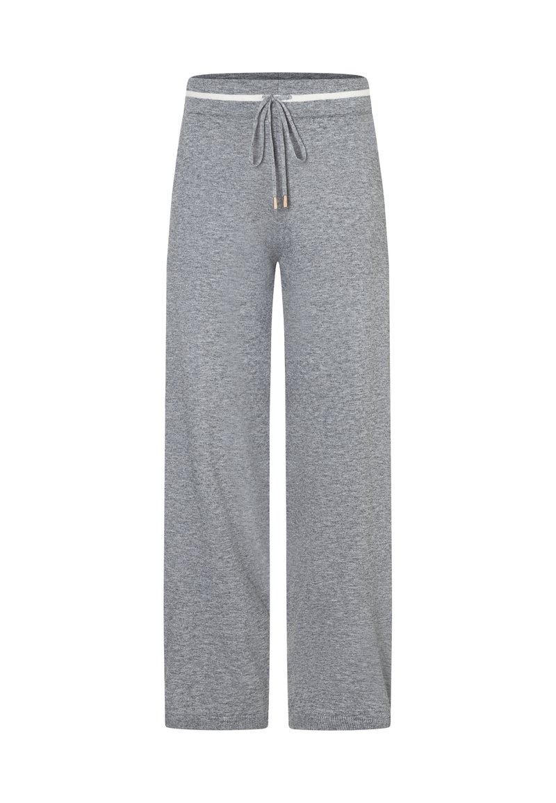 Graue Sweatpants mit weitem Bein aus weichem, strukturiertem Stoff. Verfügen über einen elastischen Bund mit Kordelzug und helle Akzente.