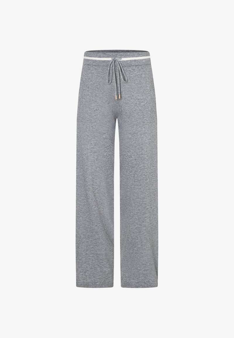 Graue Sweatpants mit weitem Bein aus weichem, strukturiertem Stoff. Verfügen über einen elastischen Bund mit Kordelzug und helle Akzente.
