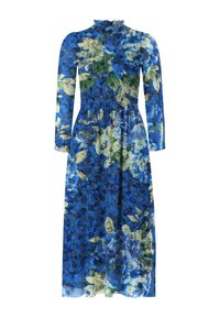 Modra obleka z rožnatim potiskom, dolgimi rokavi, nabranim korzetnim delom, visokim ovratnikom in tekočo silhueto. Vsebuje mešanico modrih, zelenih in kremnih odtenkov.