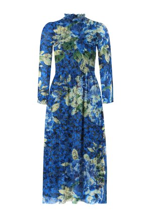 Blauwe jurk met bloemmotief, lange mouwen, geplooide taille, hoge halslijn en een vloeiende silhouet. Heeft een mix van blauwe, groene en crèmekleurige tinten.