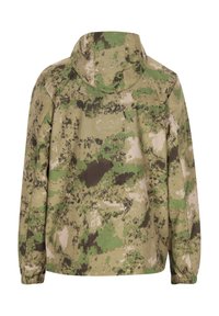 Jachetă de camuflaj în nuanțe de verde, maro și bej; are glugă, manșete elastice și o croială lejeră. Material texturat cu un model marmorat.