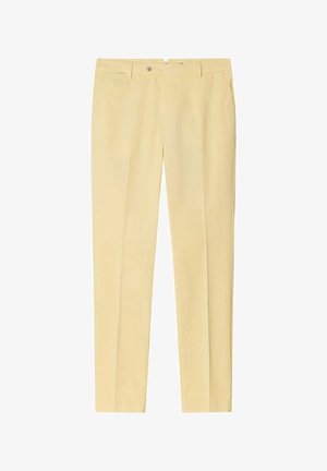 Beige tailored trousers with front button, belt loops, side pockets, and pressed creases along each leg.