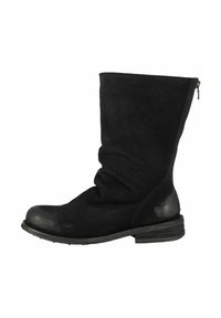 Black suede mid-calf boots with a slouchy design, rounded toe, side zipper, and a low, stacked heel. Textured material with subtle sheen.