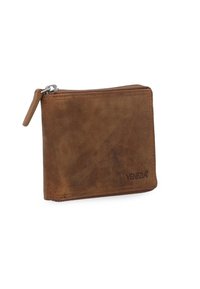 Brun læderpung med lynlåslukning, rektangulær form, glat tekstur og præget logodetalje på forsiden.