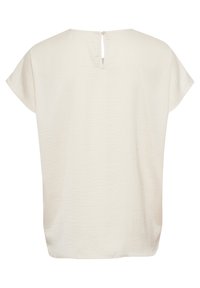 Lys beige bluse med korte, capærmer, rund halsudskæring og nøglehul tilbage detalje. Glat tekstur, afslappet pasform og rund kant.