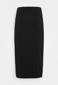 Jupe crayon noire avec une texture lisse, longueur genoux, et une large taille. Présente un design ajusté et des lignes épurées sans coutures visibles.