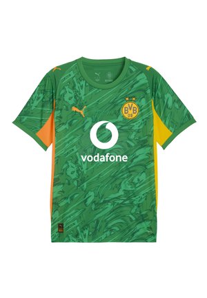 Grünes kurzärmeliges Trikot mit strukturiertem abstraktem Muster, orangefarbigen Akzenten an den Seiten, Rundhalsausschnitt und weißem Vodafone-Logo in der Mitte.