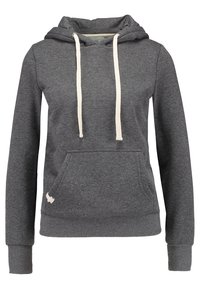 Felpa con cappuccio grigio scuro a maniche lunghe, con lacci bianchi, tasca a marsupio frontale e polsini e orlo a coste.