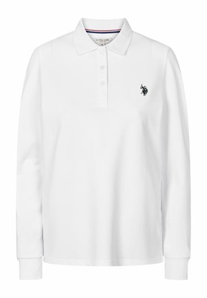 White long-sleeve polo shirt made of cotton with a three-button placket and embroidered logo on the chest. Features ribbed collar and cuffs.