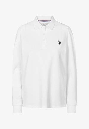 Bela dolgo-sleeve polo majica iz bombaža s plaketom za tri gumbi in izvezenim logotipom na prsih. Ima rebrast ovratnik in manšete.