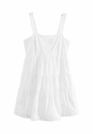 Weißes, ärmelloses Kleid mit zarter Blumenstickerei und schichtenförmigem Stoff. Leichtes Material mit fließender Silhouette und gewellten Trägern.