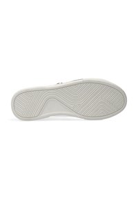 Semelle de chaussure en caoutchouc blanc avec un motif de tressage texturé, comportant des rainures et des crêtes pour l'adhérence. Talon arrondi et bords lisses.
