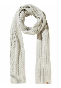 Écharpe en tricot gris clair avec motifs en câble, bords côtelés et texture tissée. Mesure environ 180 cm de long et 30 cm de large.