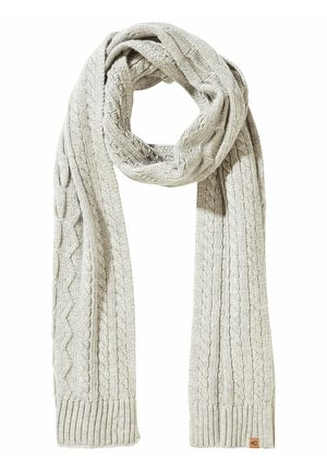 Light gray knit scarf featuring cable patterns, ribbed ends, and a woven texture. Measures approximately 180cm in length and 30cm in width.