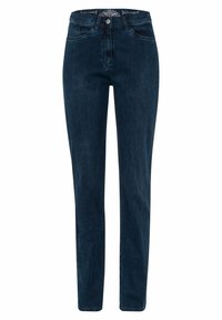 Jeans en denim bleu foncé avec une coupe slim, présentant un design classique à cinq poches, une fermeture à bouton et une texture lisse.