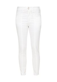 Weiße Jeans aus einem Baumwoll-Mix-Stoff, mit schmaler Passform, dezentem Seitennähten, klassischem Fünf-Taschen-Design und einem einzelnen Knopfverschluss.