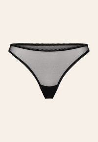 Schwarzer Netz-Tanga aus weichem, transparentem Material, mit einem gewellten Spitzenrand am Bund und den Beinausschnitten. Minimalistisches Design.