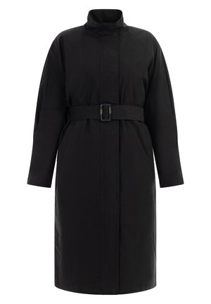 Sort bæltefrakke med høj krave, raglanærmer og sidelommer. Glat tekstur med en lige silhuet, knælangt design.