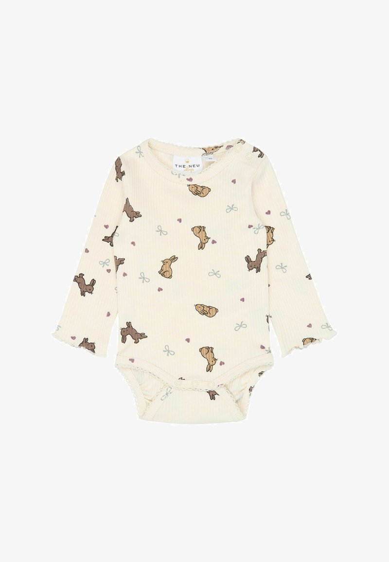Body bébé à manches longues couleur crème avec motifs lapin marron, petits cœurs et nœuds, avec des boutons-pression au bas et à l'épaule.