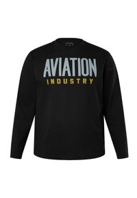 Schwarzes Langarm-T-Shirt aus Baumwolle, mit fettem "AVIATION"-Text in Hellblau und "INDUSTRY" in Gold auf der Vorderseite.