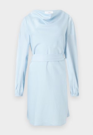 Light blue long-sleeve dress with a cinched waist, cowl neckline, and elasticated cuffs on sleeves.