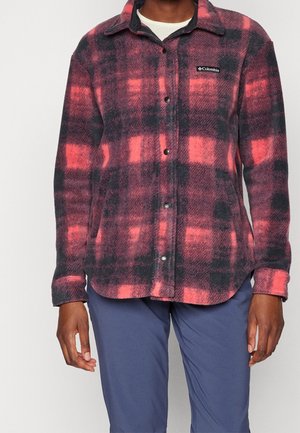 Man draagt een rood-zwart geruit Columbia fleecejack met drukknopen en blauwe broek, staand tegen een effen achtergrond.