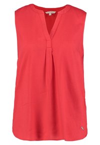 Top rojo sin mangas con escote en V y frente plisado. Tejido suave con aberturas laterales y un pequeño acento metálico en el dobladillo.