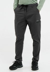 Lichte, donkergrijze broek met een elastische tailleband, trekkoord en ritszak. Gemaakt van soepele stof, geschikt voor buitenactiviteiten.