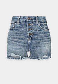 Vaaleansinisen haalistuneen denim-materiaalin korkeavyötäröiset shortsit, joissa on rispaantunut helma, viiden napin etukiinnitys ja kulutettuja yksityiskohtia lahkeissa.