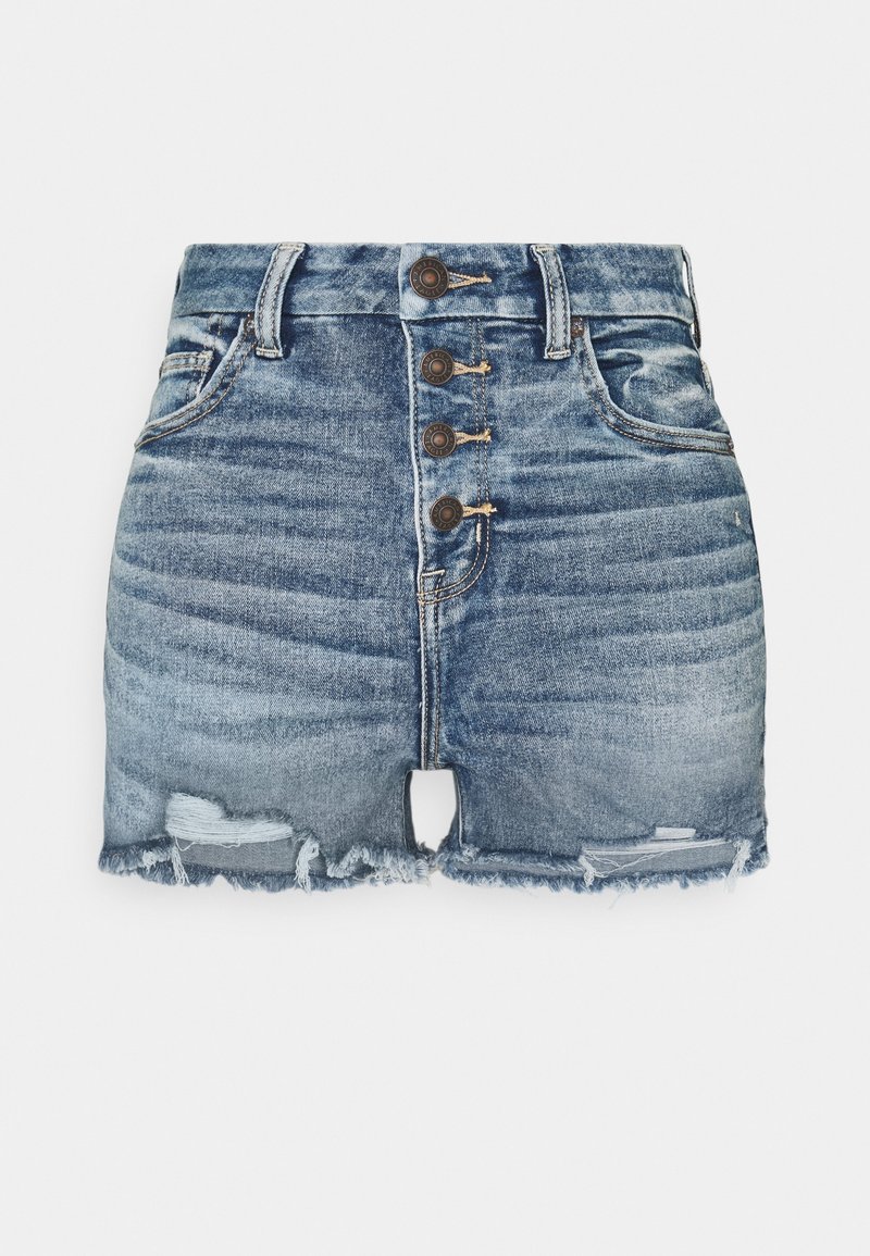 Vaaleansinisen haalistuneen denim-materiaalin korkeavyötäröiset shortsit, joissa on rispaantunut helma, viiden napin etukiinnitys ja kulutettuja yksityiskohtia lahkeissa.