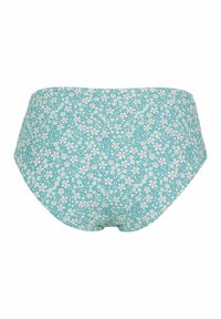 Högmidjad bikiniunderdel i teal tyg med ett blommönster med små vita och rosa blommor, slät textur och rundad form.