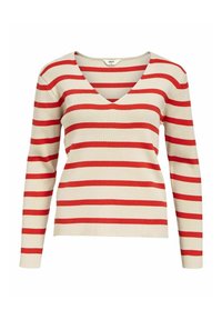 Beige V-neck tröja med röda horisontella ränder, tillverkad av ribbat tyg med långa ärmar och en figurnära design.