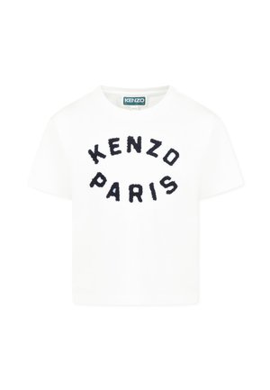 White cotton t-shirt featuring "KENZO PARIS" embroidered in dark navy. Classic crew neck, short sleeves, and relaxed fit.
