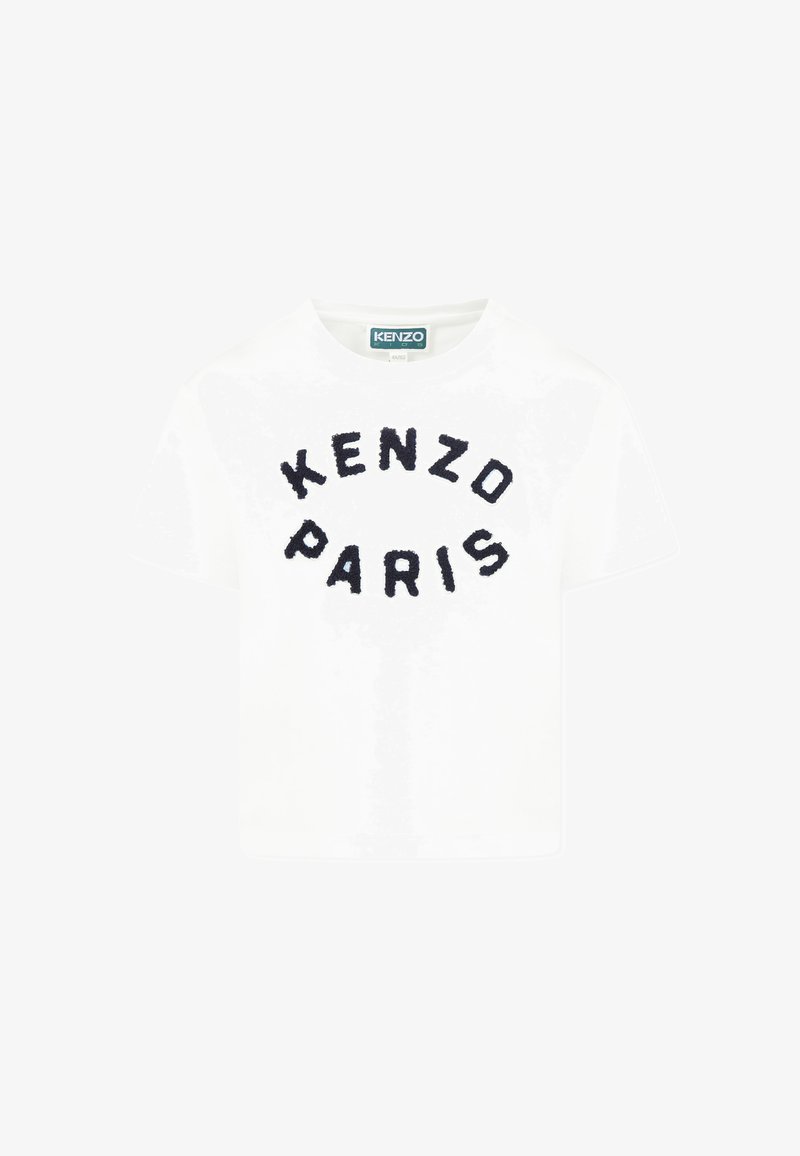 T-shirt en coton blanc avec "KENZO PARIS" brodé en bleu marine. Col rond classique, manches courtes et coupe décontractée.