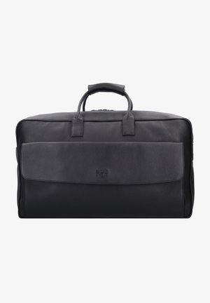 Bolsa de viaje de cuero negro con doble asa, textura suave, bolsillo frontal con solapa y marca sutil. Cierre de cremallera que atraviesa la parte superior.