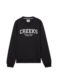 Sudadera negra de mezcla de algodón, con cuello redondo, puños acanalados y texto gráfico frontal "CREEKS Original Desde 1974" en blanco.