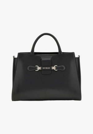 Borsa strutturata nera con doppi manici superiori, dettagli con fibbie argento e nome del marchio GUESS sulla fascia in pelle frontale.