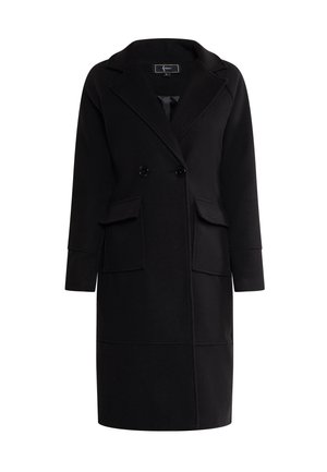 Schwarzer doppelt breiter Mantel aus einem weichen Wollmix, mit Reverskragen, zwei vorderen Taschen und knielangem Design.